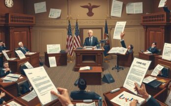 Senate voting scene with political symbols, budget documents and an abstract representation of economic discussions in neutral tones.