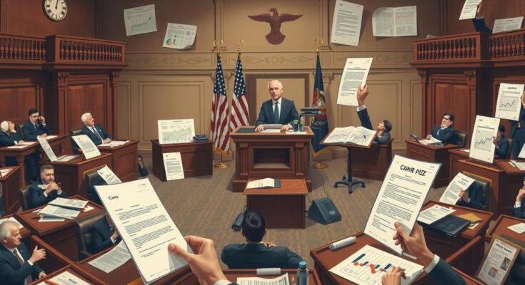 Senate voting scene with political symbols, budget documents and an abstract representation of economic discussions in neutral tones.