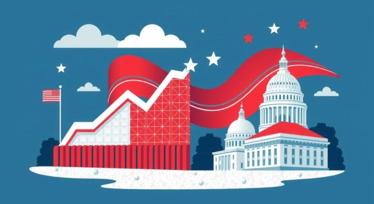 Un peisaj politic american, cu simboluri ale economiei, frontierei si agențiilor federale.