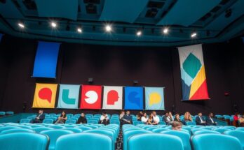 Rappresentazione astratta di un'auditorium con corridoi affollati, simboli di innovazione e cambiamento politico.