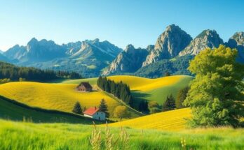 Rural landscape with mountains and clear sky, showcasing serenity and vast nature in harmonious colors.