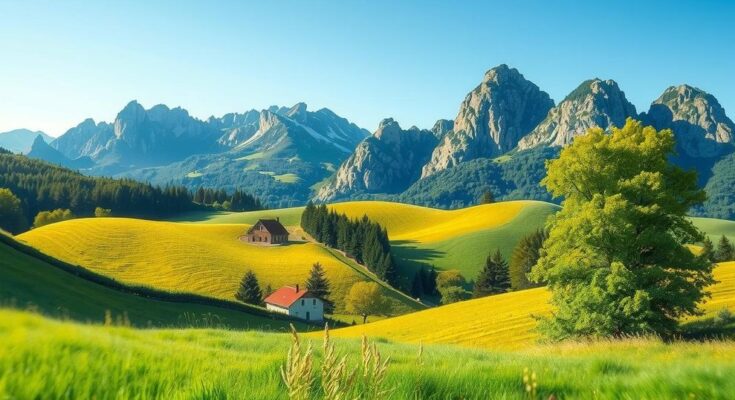 Rural landscape with mountains and clear sky, showcasing serenity and vast nature in harmonious colors.