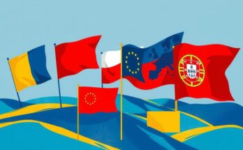 Elezioni in Europa con simboli delle nazioni e un panorama politico complesso.