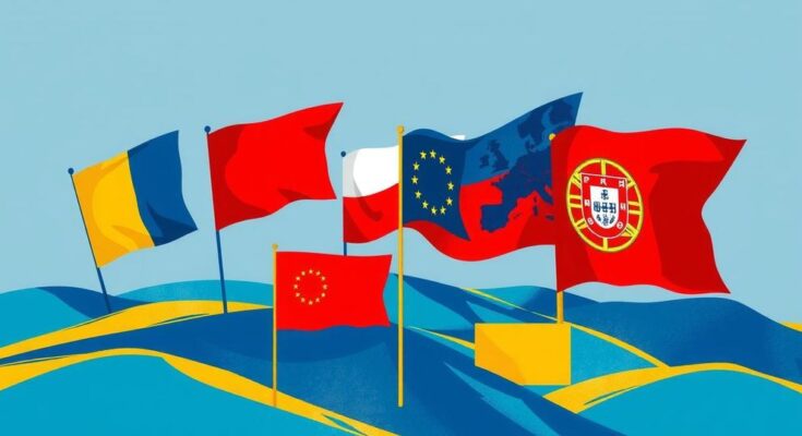 Elezioni in Europa con simboli delle nazioni e un panorama politico complesso.