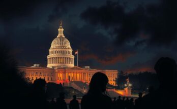 Peisaj nocturn al Capitoliului din Washington, cu lumini strălucitoare și umbra unor siluete neclare pe fundal.