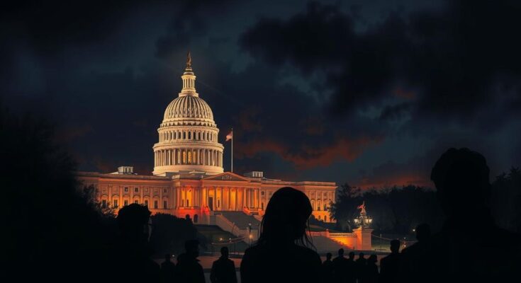 Peisaj nocturn al Capitoliului din Washington, cu lumini strălucitoare și umbra unor siluete neclare pe fundal.