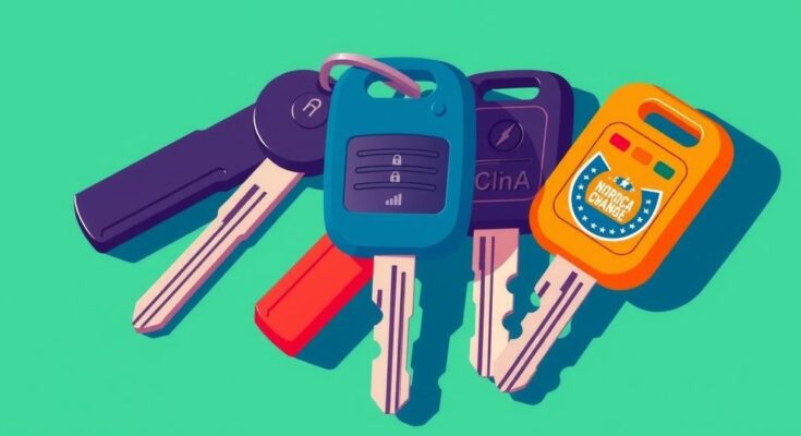 Trois clés de voiture symbolisant un changement générationnel dans la politique américaine, teintes vives.