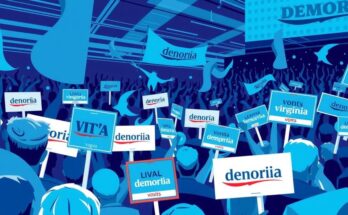 Élections démocrates à Virginia avec candidats, discours sur la politique, atmosphère électorale animée.
