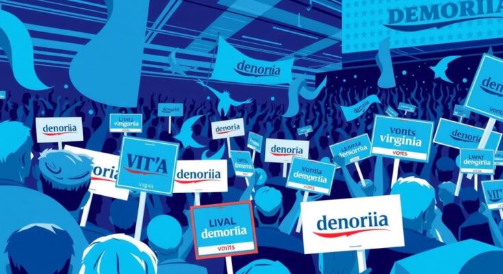 Élections démocrates à Virginia avec candidats, discours sur la politique, atmosphère électorale animée.
