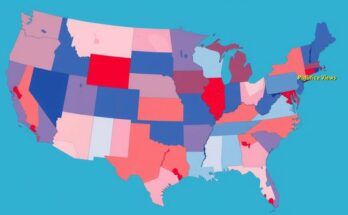 Mappa dei gruppi politici negli Stati Uniti, colori vivaci e vari modelli geometrici rappresentano diversità e divisioni.