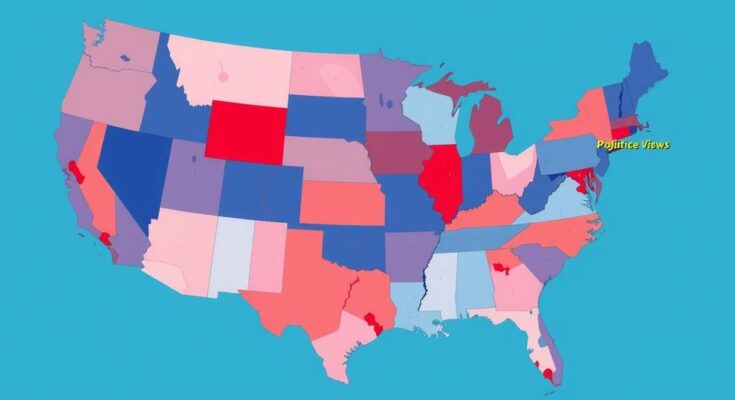 Mappa dei gruppi politici negli Stati Uniti, colori vivaci e vari modelli geometrici rappresentano diversità e divisioni.