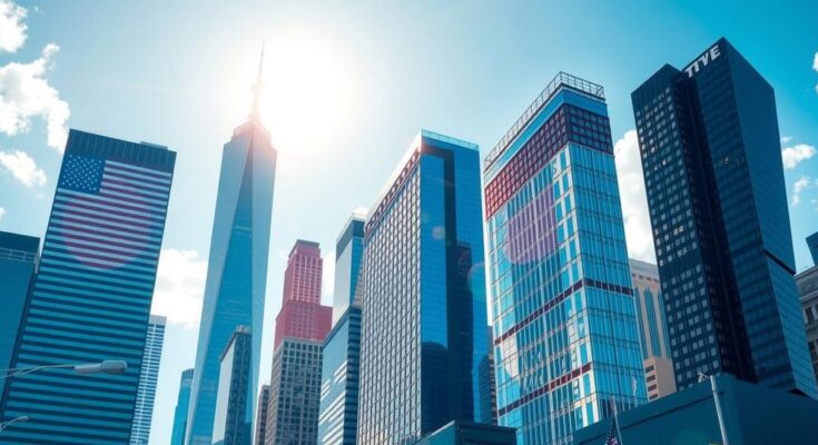 Un paysage urbain avec des gratte-ciel sous un ciel ensoleillé, illustrant la politique moderne à New York.