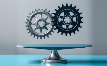 Gears and scales symbolizing politics, tariffs, and government cuts in a balanced gray and blue color scheme.