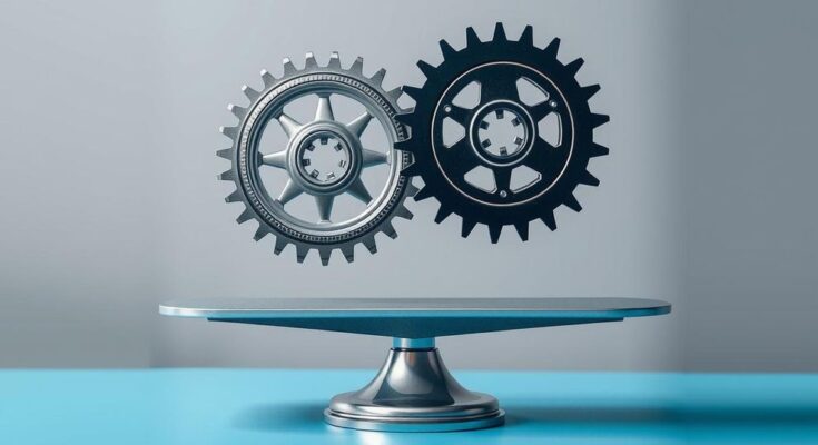 Gears and scales symbolizing politics, tariffs, and government cuts in a balanced gray and blue color scheme.