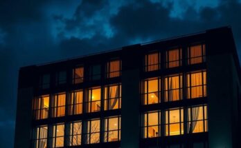 Здание ФБР в сумерках с темным небом и тусклым светом окон, символизирующее напряженность в правоохранительных органах.