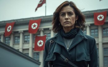 Женщина с решительным выражением лица в тёмной одежде, стоящая на фоне здания с флагами.