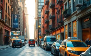 Un chemin de Manhattan avec des paysages urbains, lumière douce, et des éléments de campagne électorale moderne.