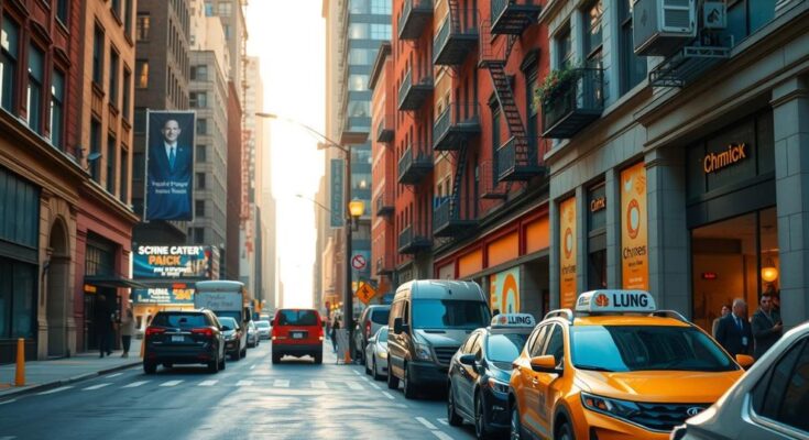 Un chemin de Manhattan avec des paysages urbains, lumière douce, et des éléments de campagne électorale moderne.