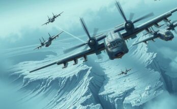 Illustration of a military operation with planes above a distant landscape, using a cool color palette.