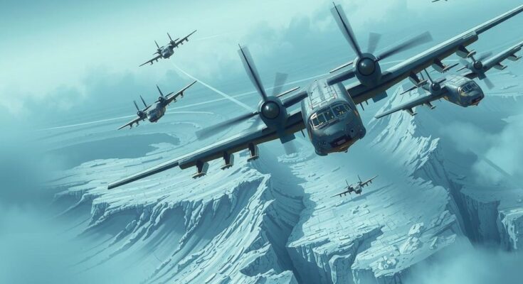Illustration of a military operation with planes above a distant landscape, using a cool color palette.