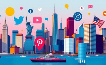 Un skyline de New York vibrant avec des symboles de la politique progressiste et des médias sociaux.