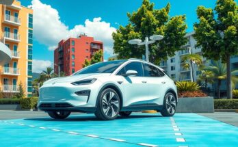 Gambaran mobil listrik dalam lingkungan urban yang modern, dengan dominasi warna biru dan hijau.