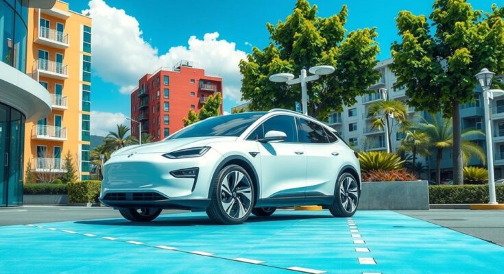 Gambaran mobil listrik dalam lingkungan urban yang modern, dengan dominasi warna biru dan hijau.