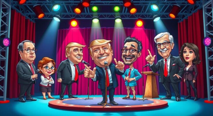 SNL actors performing political satire, with comedy sketches and iconic impressions of politicians in a lively setting