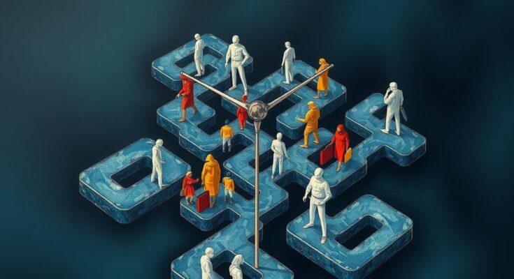 A conceptual artwork illustrating the complexities of immigration policy with abstract figures and dark colour tones.