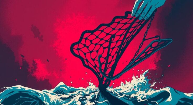 A graphically illustrated safety net being cut, symbolizing financial challenges faced by citizens under political decisions.