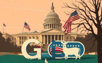 Политическая сцена с символами GOP и зданием Капитолия на фоне, в теплых тонах.