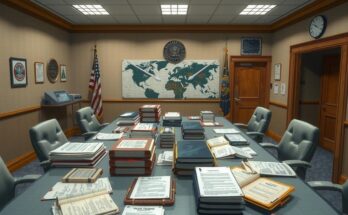 Senators discussing US military strikes in a secure room with documents and military briefing materials.