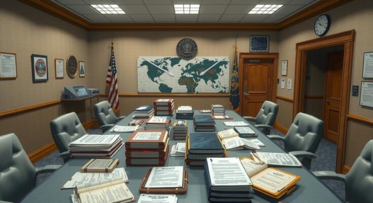 Senators discussing US military strikes in a secure room with documents and military briefing materials.