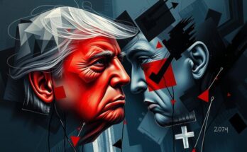 Grafica astratta che rappresenta tensione politica con colori scuri e forme angolari.