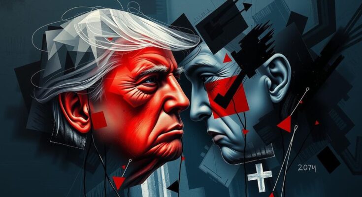 Grafica astratta che rappresenta tensione politica con colori scuri e forme angolari.