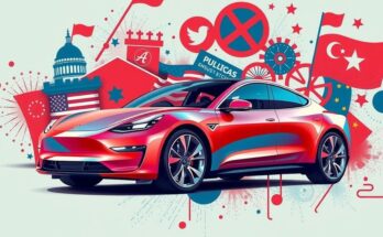 Tesla electric vehicle with a backdrop of political symbols and contrasting colors representing the brand's turmoil in market.