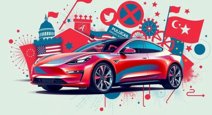 Tesla electric vehicle with a backdrop of political symbols and contrasting colors representing the brand's turmoil in market.