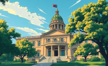 Gedung legislatif Texas dengan latar belakang langit biru dan pohon hijau, suasana mendesak menjelang batas waktu.