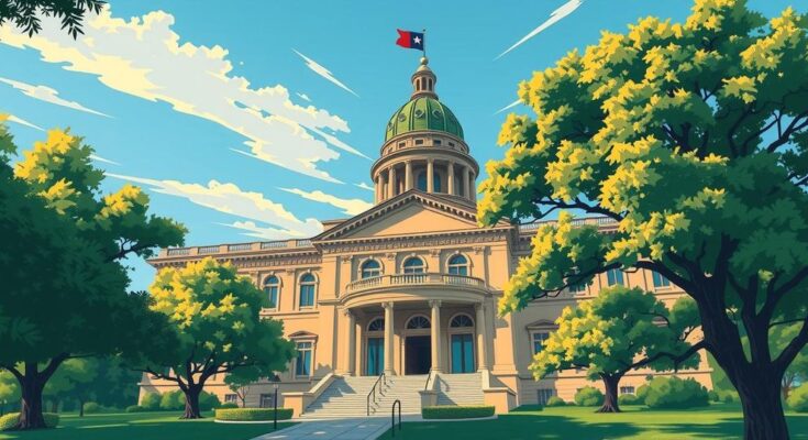 Gedung legislatif Texas dengan latar belakang langit biru dan pohon hijau, suasana mendesak menjelang batas waktu.