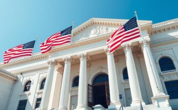 Legislative building with American flags under a clear blue sky, representing the government funding bill signing