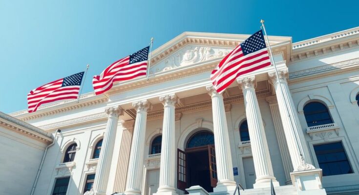 Legislative building with American flags under a clear blue sky, representing the government funding bill signing