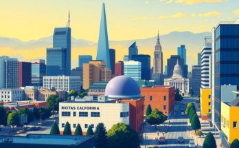 Scena di un paesaggio urbano californiano con skyline, segnali di cambiamento politico e colori accesi.