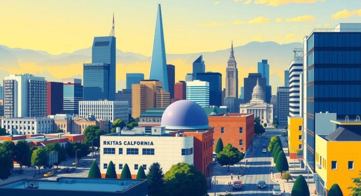 Scena di un paesaggio urbano californiano con skyline, segnali di cambiamento politico e colori accesi.