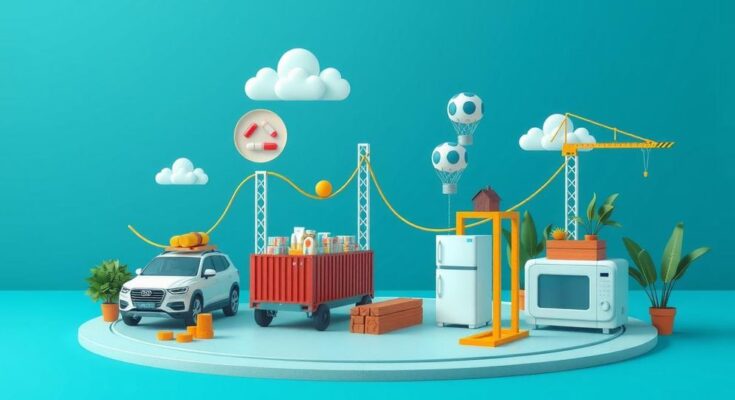 Ilustrasi perdagangan internasional yang menampilkan simbol barang-barang impor dengan latar belakang ekonomi global.