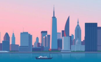 A symbolic representation of political dynamics in New York City, featuring a silhouetted skyline at dusk.