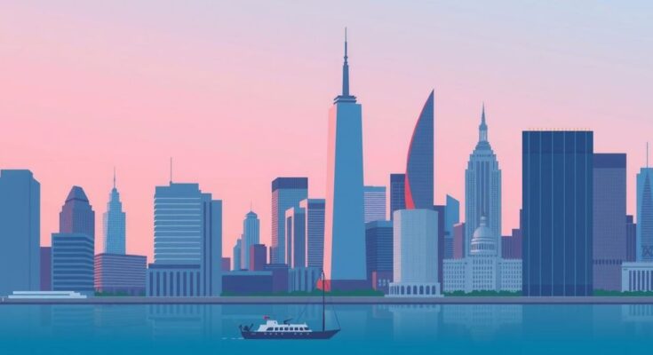 A symbolic representation of political dynamics in New York City, featuring a silhouetted skyline at dusk.