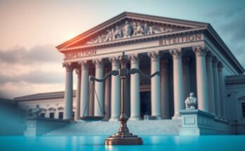 A visual representation of a Supreme Court building with scales of justice, framed by political symbols and muted colours.