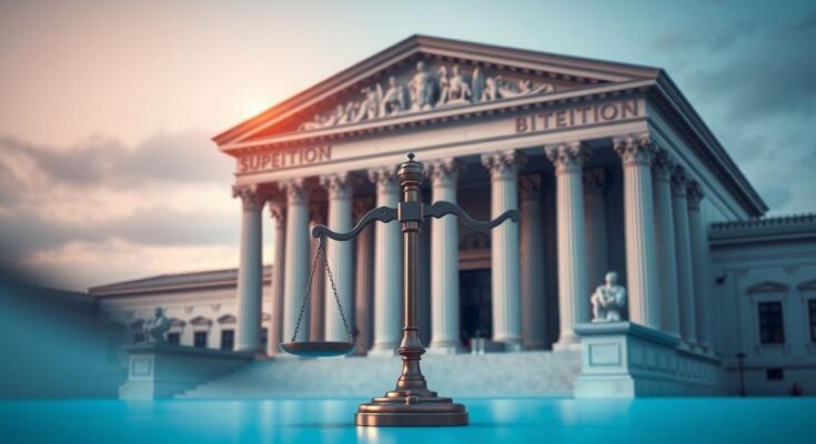 A visual representation of a Supreme Court building with scales of justice, framed by political symbols and muted colours.