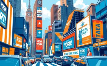 Représentation artistique d'une campagne électorale dynamique à New York, avec une palette de couleurs vives et modernes.