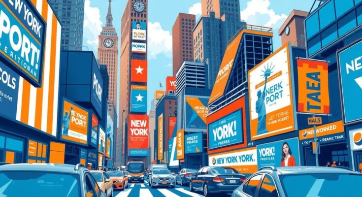 Représentation artistique d'une campagne électorale dynamique à New York, avec une palette de couleurs vives et modernes.